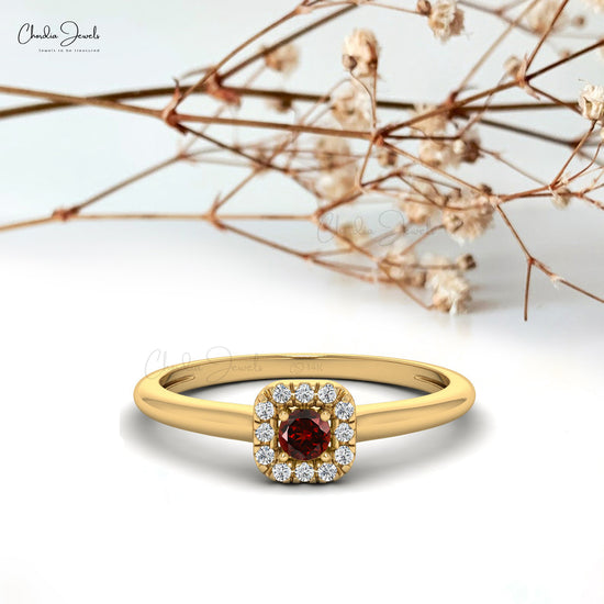 Natural 3mm Round Cut Red Garnet Halo Ring For Women in 14k Solid Gold