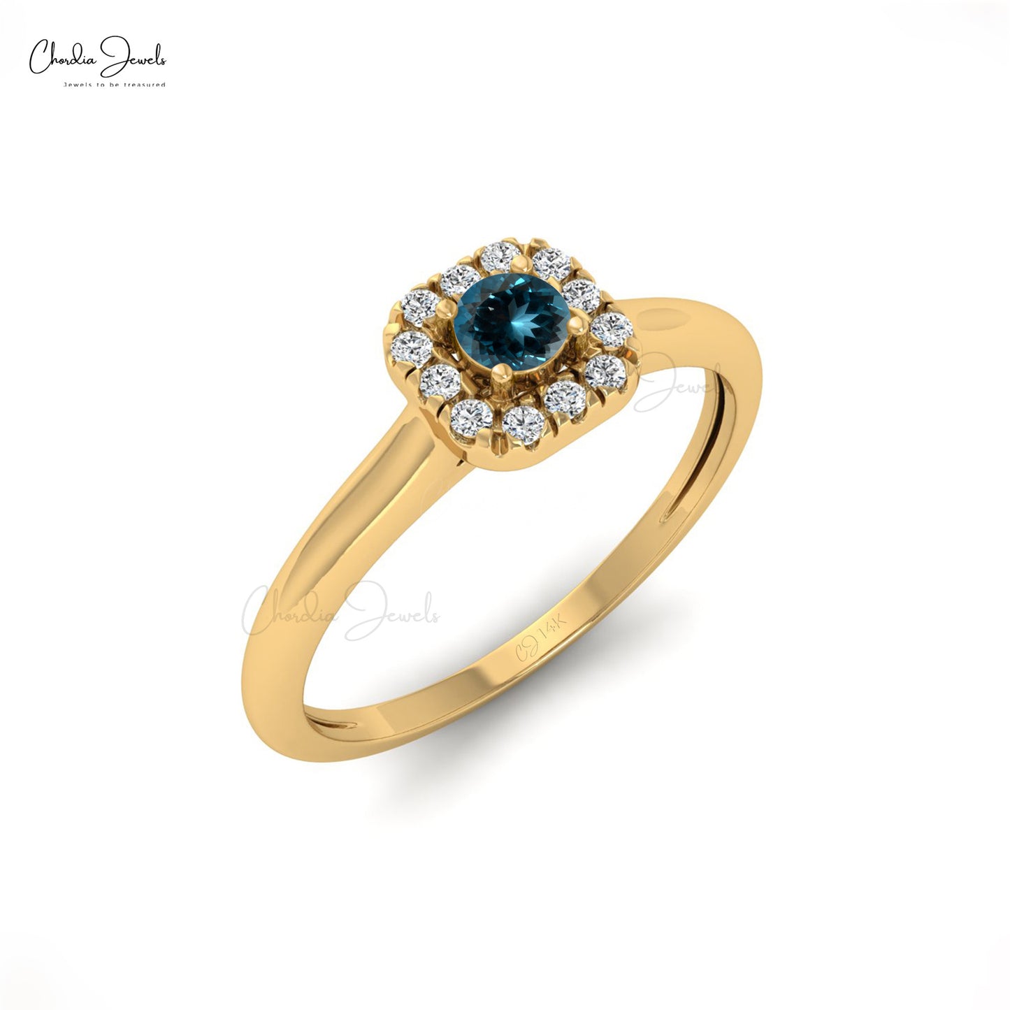 Natural 3mm Round Cut London Blue Topaz and Diamond Halo Ring, 14k Solid Gold Gemstone Dainty Ring For Anniversary Gift