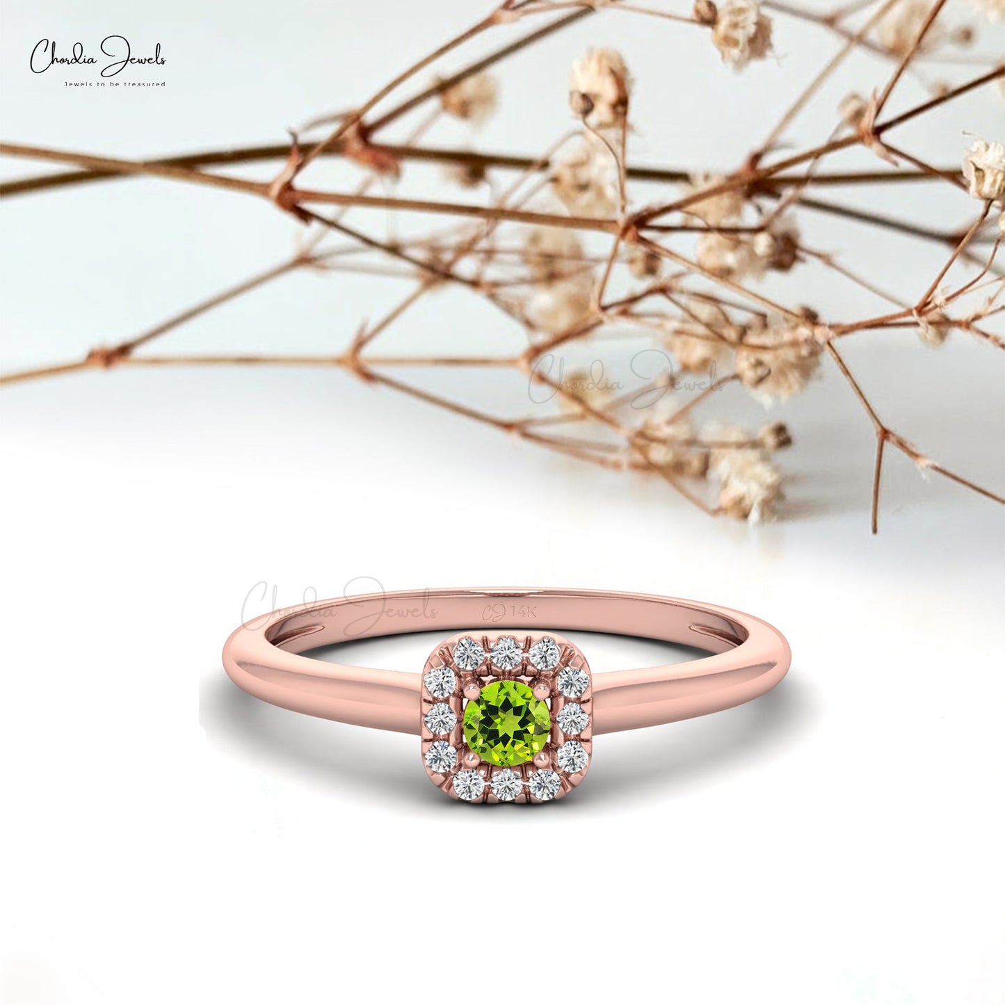 Natural Peridot Halo Ring With 0.13 Ct Gemstone 14k Real Gold Wedding Fine Jewelry