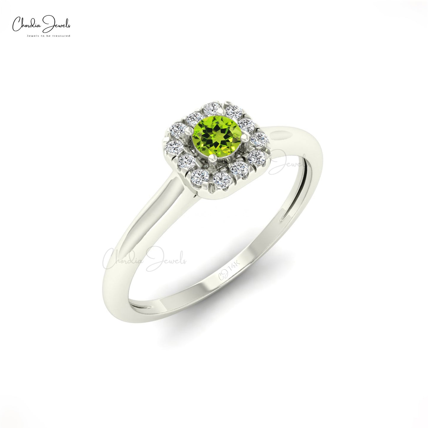 Natural 3mm Round Cut Sharing Prong Peridot and Diamond Halo Ring, 14k Solid Gold Gemstone Dainty Ring For Gift