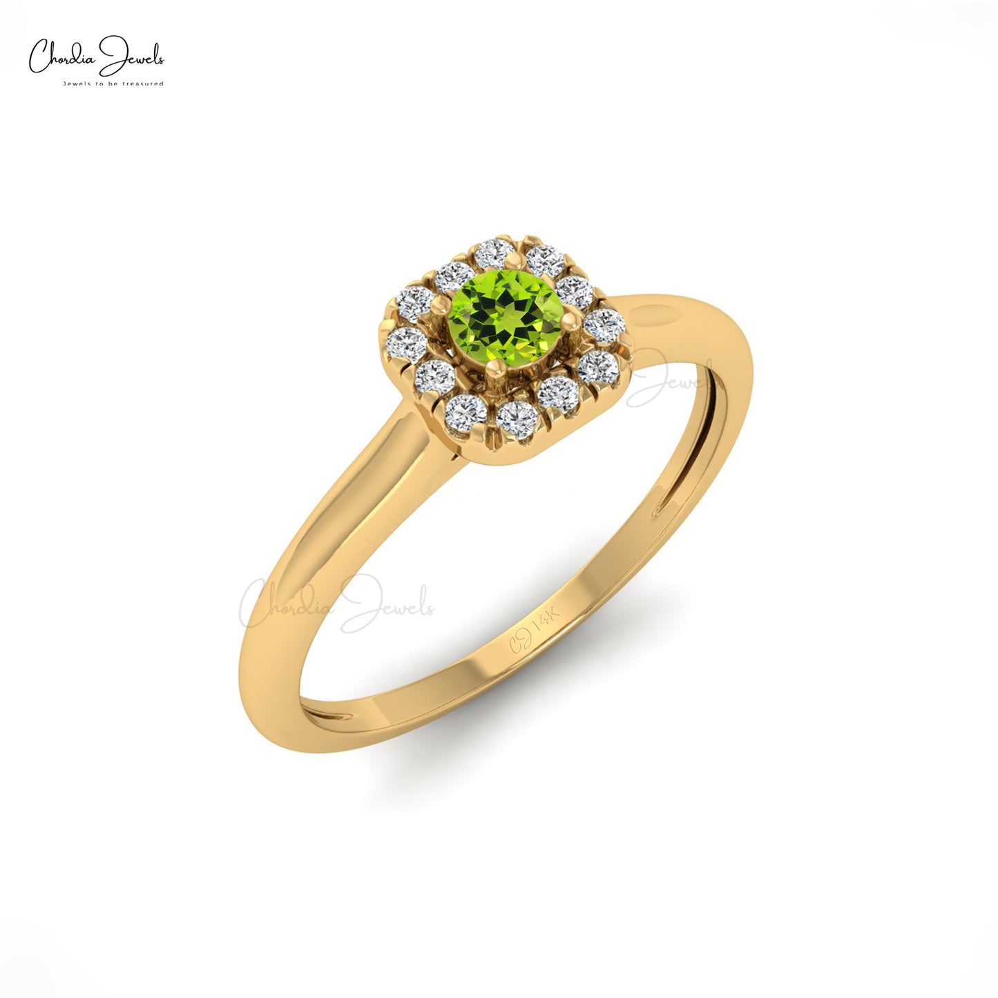 Natural 3mm Round Cut Sharing Prong Peridot and Diamond Halo Ring, 14k Solid Gold Gemstone Dainty Ring For Gift