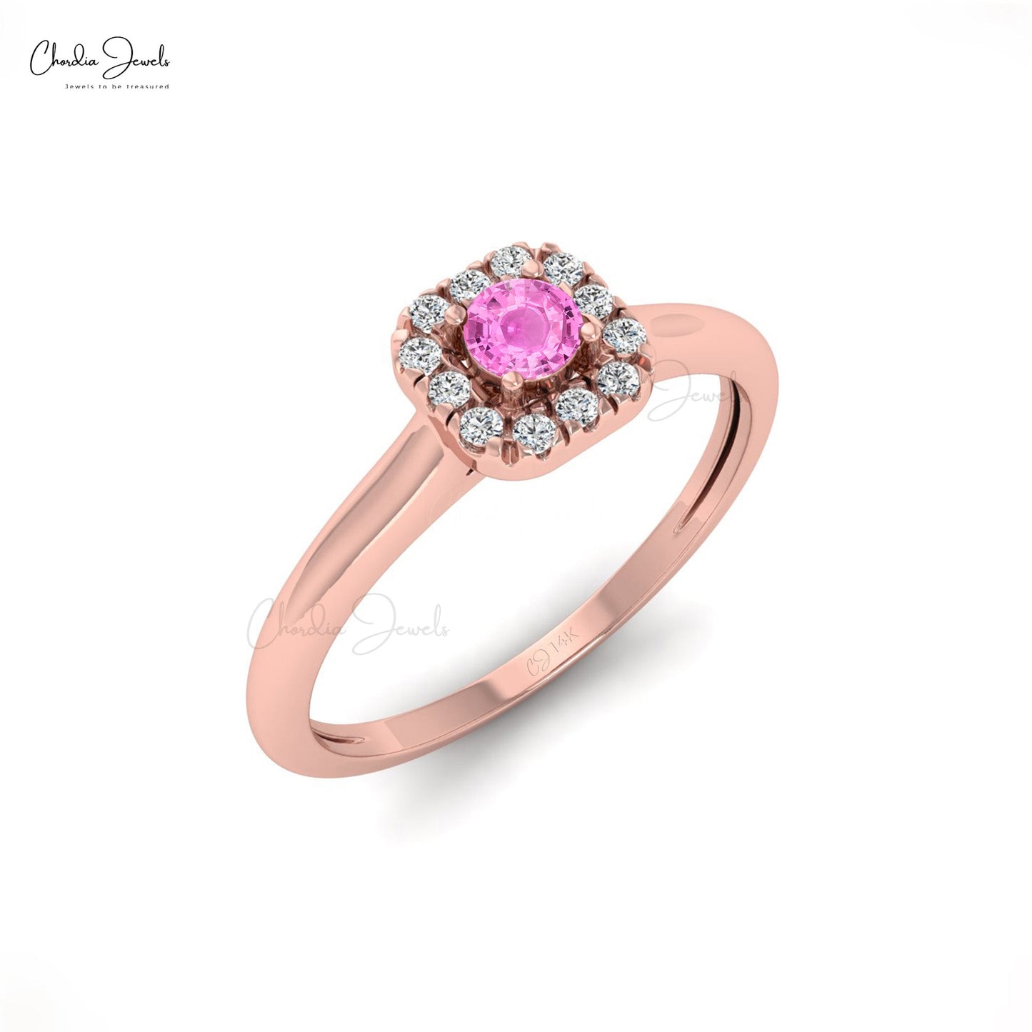 14k Solid Gold Diamond and Natural Gemstone Halo Ring, 3mm Round Cut Pink Sapphire Dainty Ring