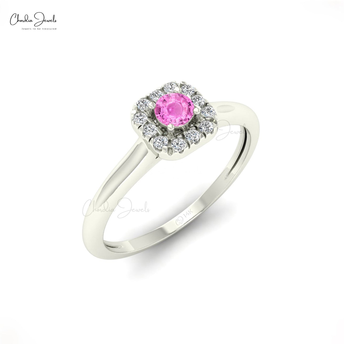 14k Solid Gold Diamond and Natural Gemstone Halo Ring, 3mm Round Cut Pink Sapphire Dainty Ring