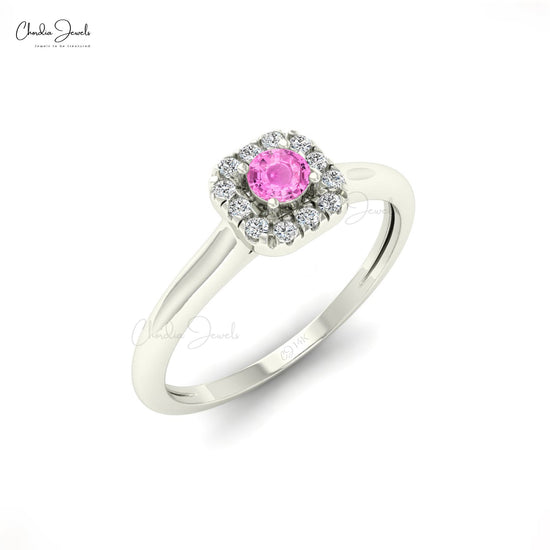 14k Solid Gold Diamond and Natural Gemstone Halo Ring, 3mm Round Cut Pink Sapphire Dainty Ring