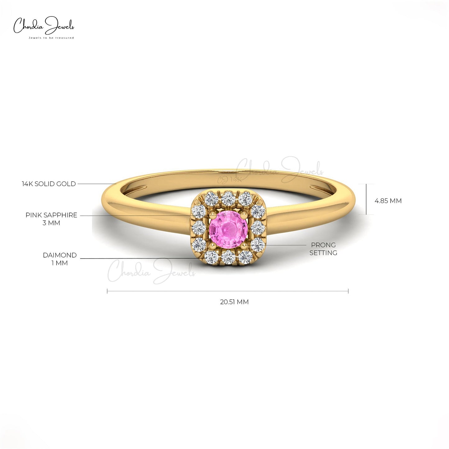 14k Solid Gold Diamond and Natural Gemstone Halo Ring, 3mm Round Cut Pink Sapphire Dainty Ring