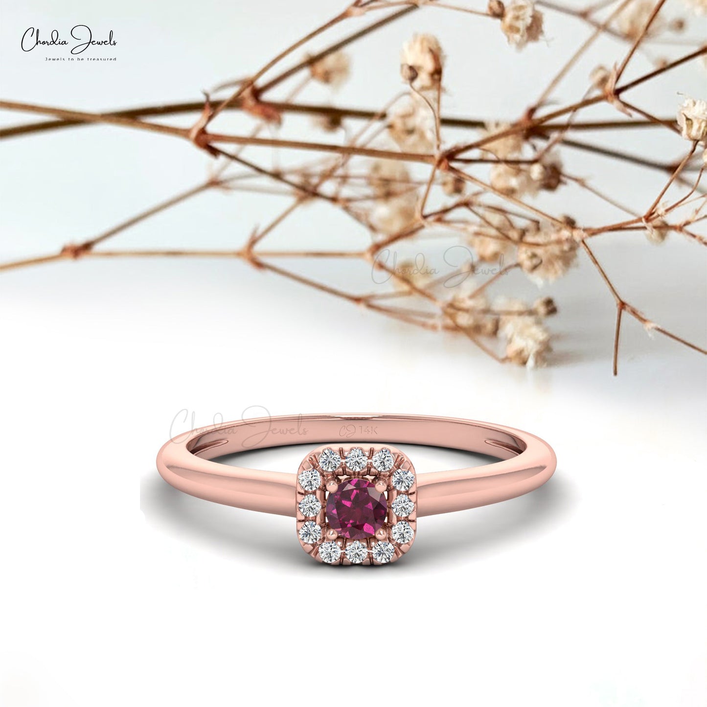Genuine Rhodolite Garnet Halo Ring With 3mm Gemstone And Diamond 14k Gold Jewelry