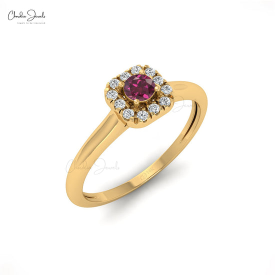 3mm Round Cut Natural Rhodolite Garnet Halo Ring For Her, 14k Solid Gold January Birthstone Gemstone Ring For Birthday Gift