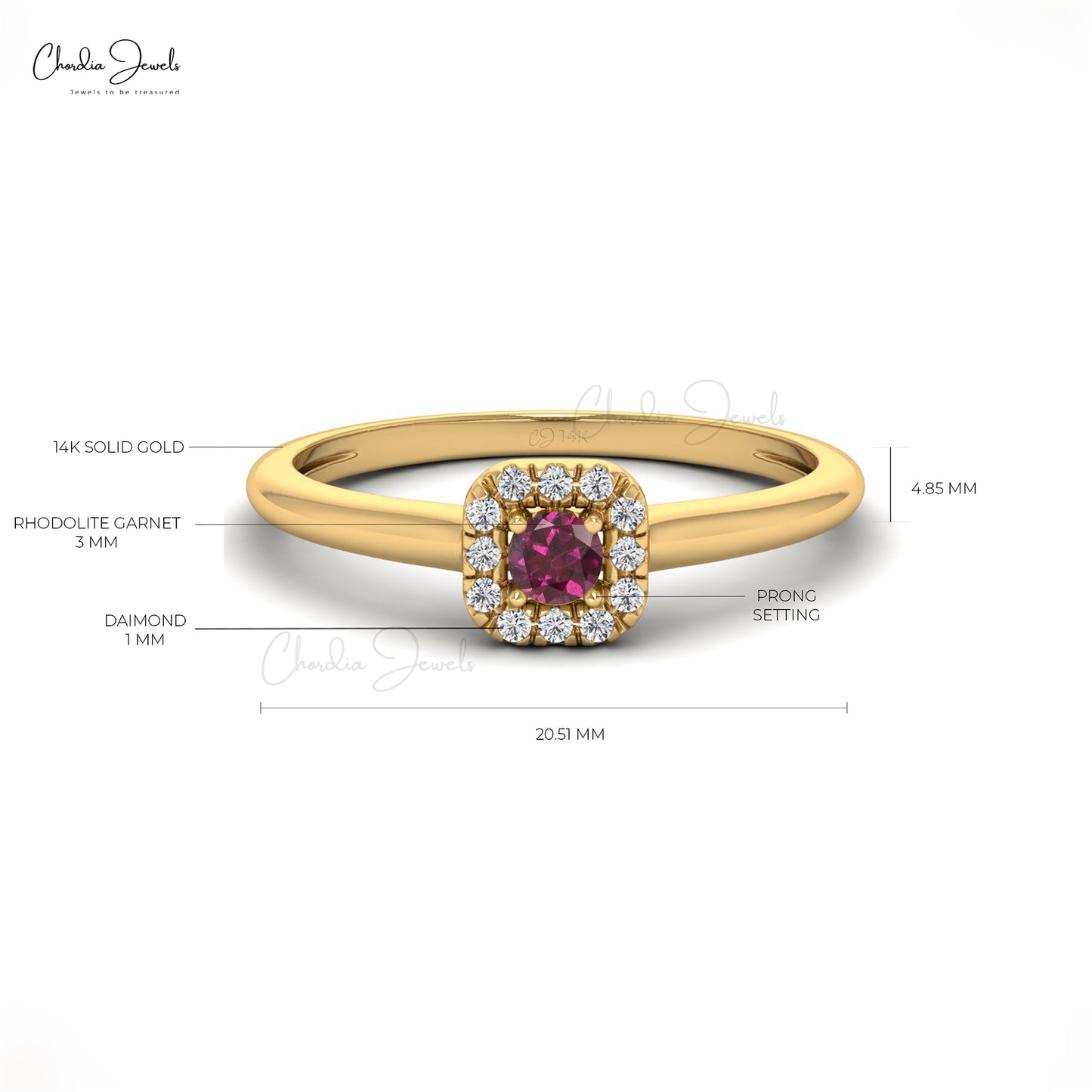 Genuine Rhodolite Garnet Halo Ring With 3mm Gemstone And Diamond 14k Gold Jewelry