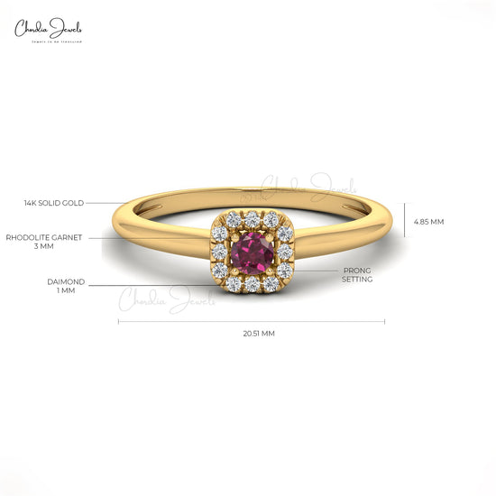 Genuine Rhodolite Garnet Halo Ring With 3mm Gemstone And Diamond 14k Gold Jewelry