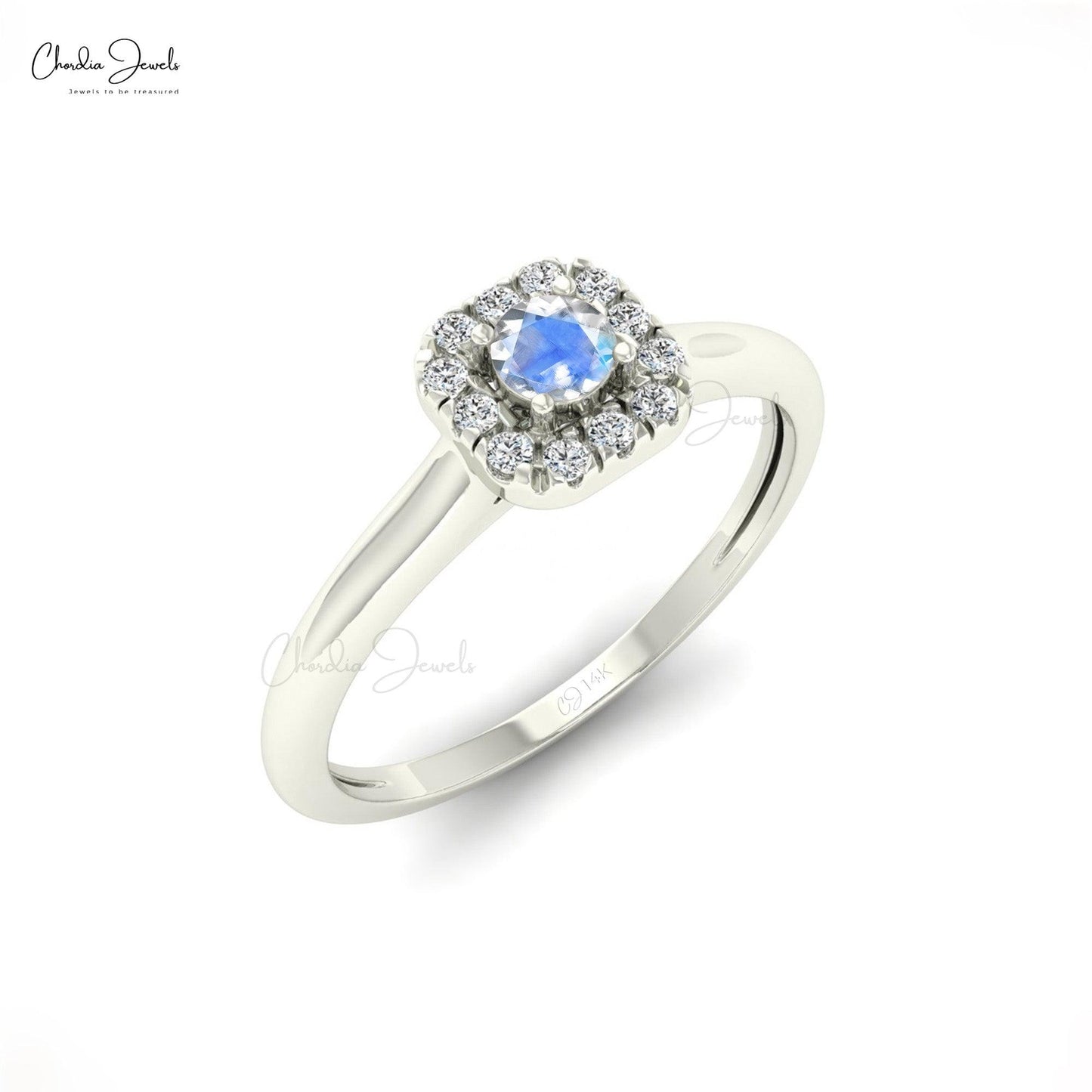 0.13 Carats AAA Rainbow Moonstone & Round Cut Diamond Halo Ring, 14k Solid Gold Natural Gemstone Ring For Women - Chordia Jewels