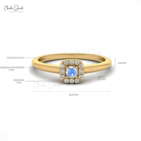 Load image into Gallery viewer, 0.13 Carats AAA Rainbow Moonstone &amp;amp; Round Cut Diamond Halo Ring, 14k Solid Gold Natural Gemstone Ring For Women - Chordia Jewels
