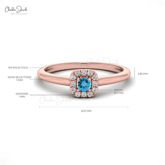 Load image into Gallery viewer, 14k Solid Gold December Birthstone Gemstone Dainty Ring For Gift, Natural 3mm Round Cut Swiss Blue Topaz Halo Ring For Women
