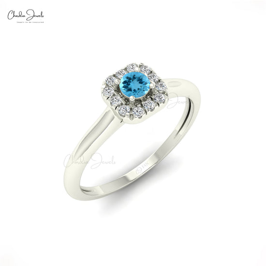 Halo Diamond Wedding Ring In 14k Solid Gold Swiss Blue Topaz Minimalist Ring For Her