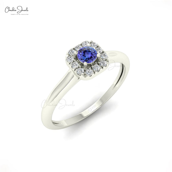 Halo Ring With Tanzanite Gemstone 14k Real Gold Diamond Accents Prong Set Ring For Mother