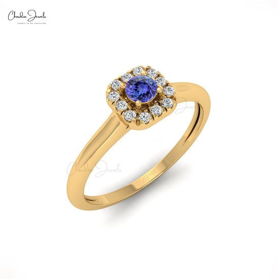Halo Ring With Tanzanite Gemstone 14k Real Gold Diamond Accents Prong Set Ring For Mother