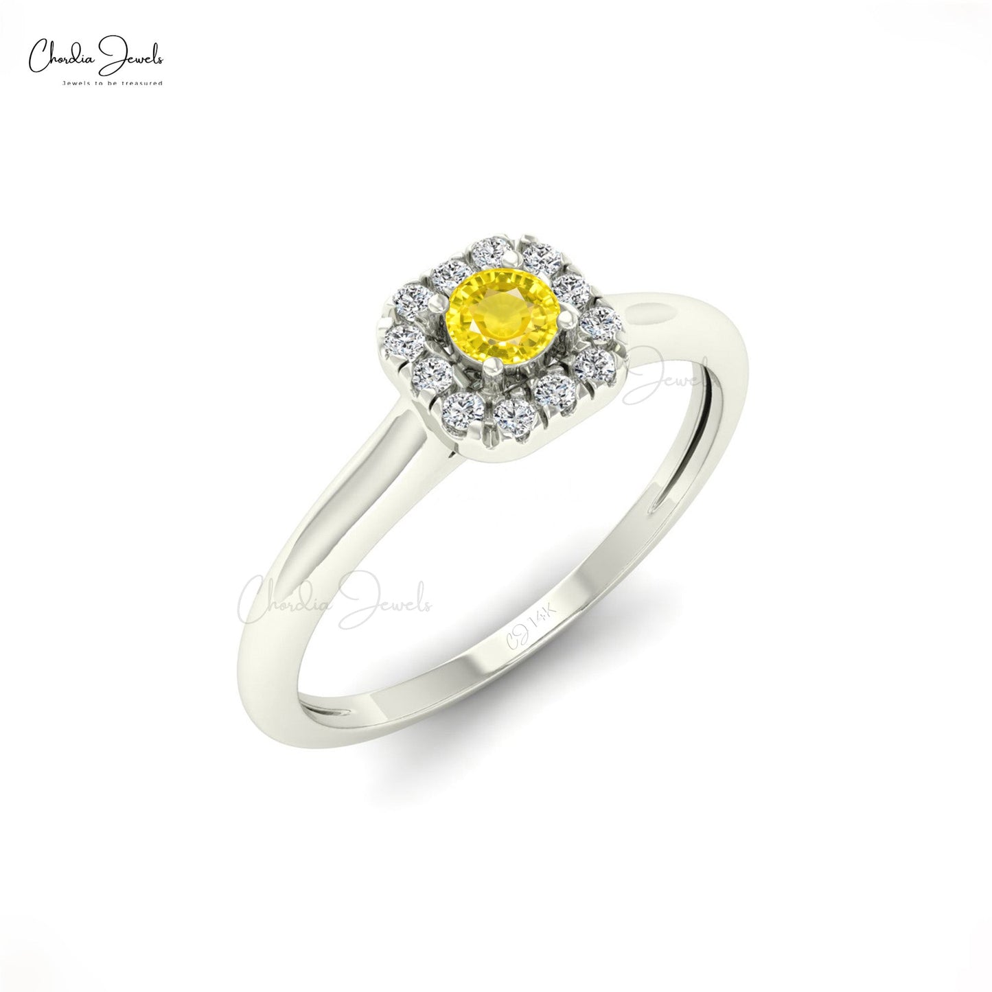 Load image into Gallery viewer, Natural 3mm Round Cut Yellow Sapphire &amp;amp; Diamond Halo Ring for Woman, September Birthday Gemstone Ring in 14k Solid Gold
