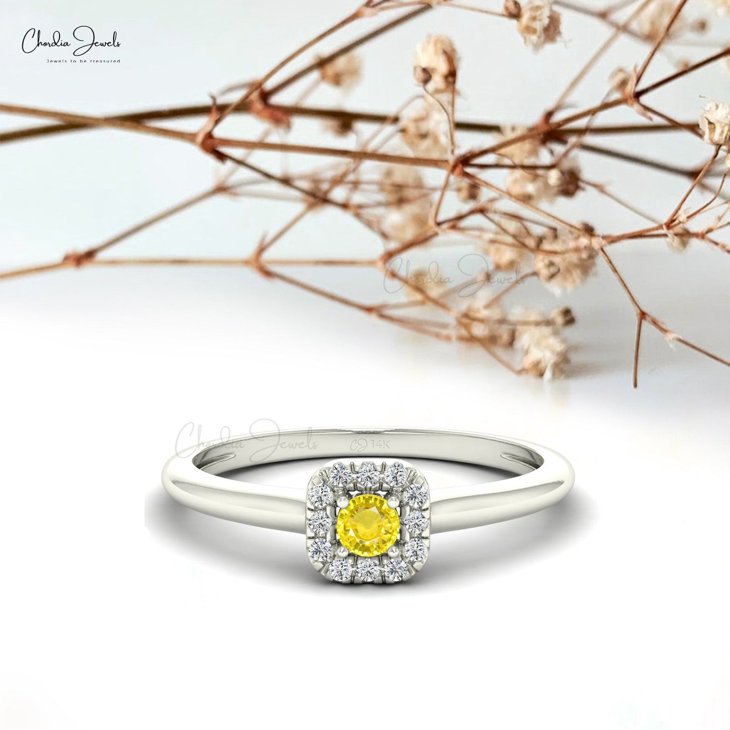 Natural 3mm Round Cut Yellow Sapphire & Diamond Halo Ring for Woman, September Birthday Gemstone Ring in 14k Solid Gold