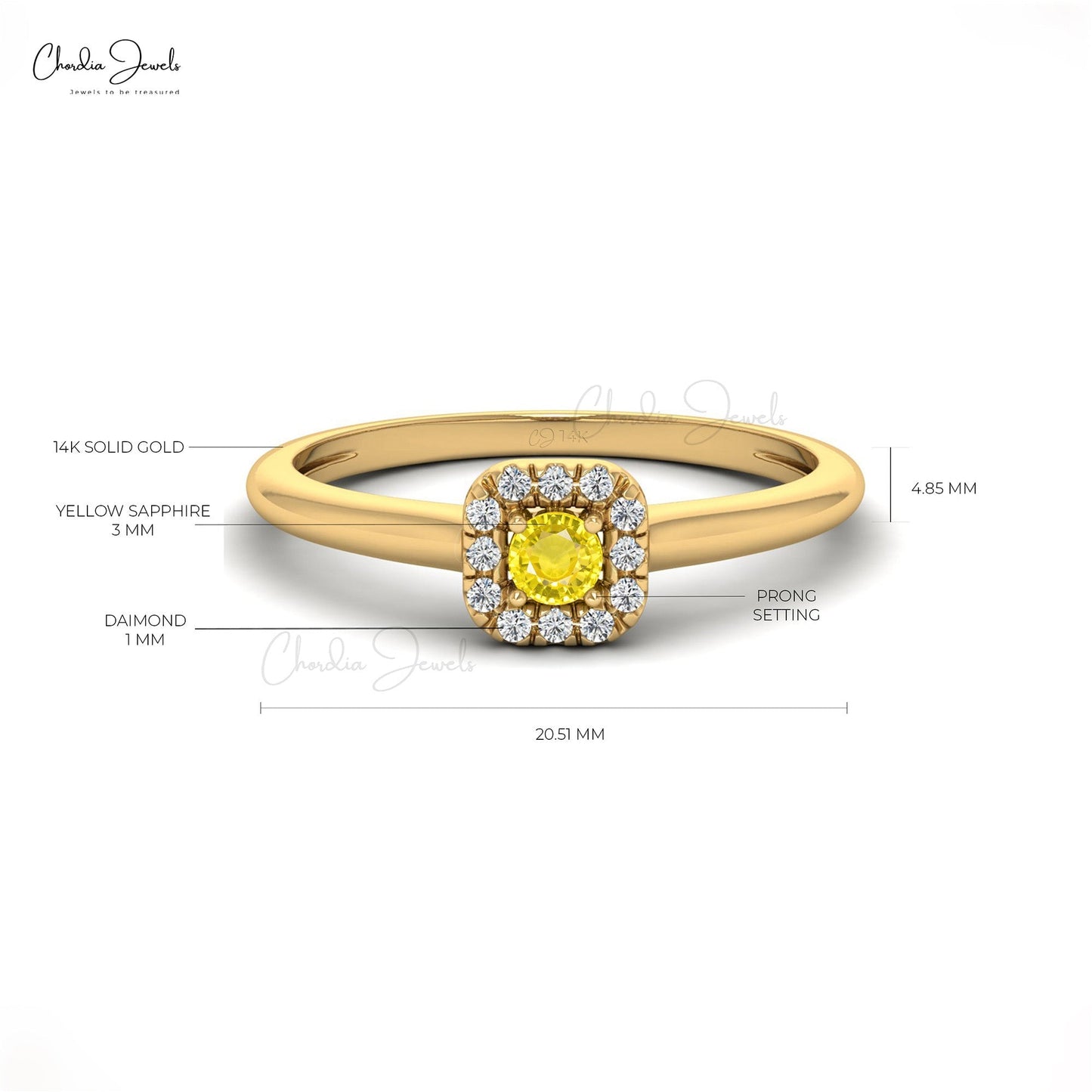 Natural 3mm Round Cut Yellow Sapphire & Diamond Halo Ring for Woman, September Birthday Gemstone Ring in 14k Solid Gold