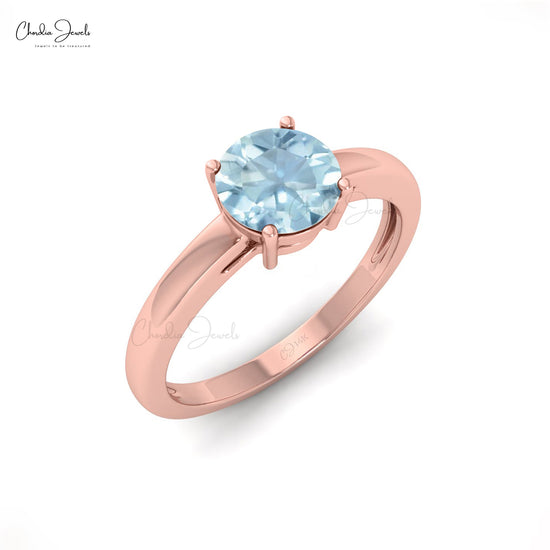 Genuine Round Cut Aquamarine 0.75Ct Solitaire Ring 14k Solid Gold Engagement Jewelry