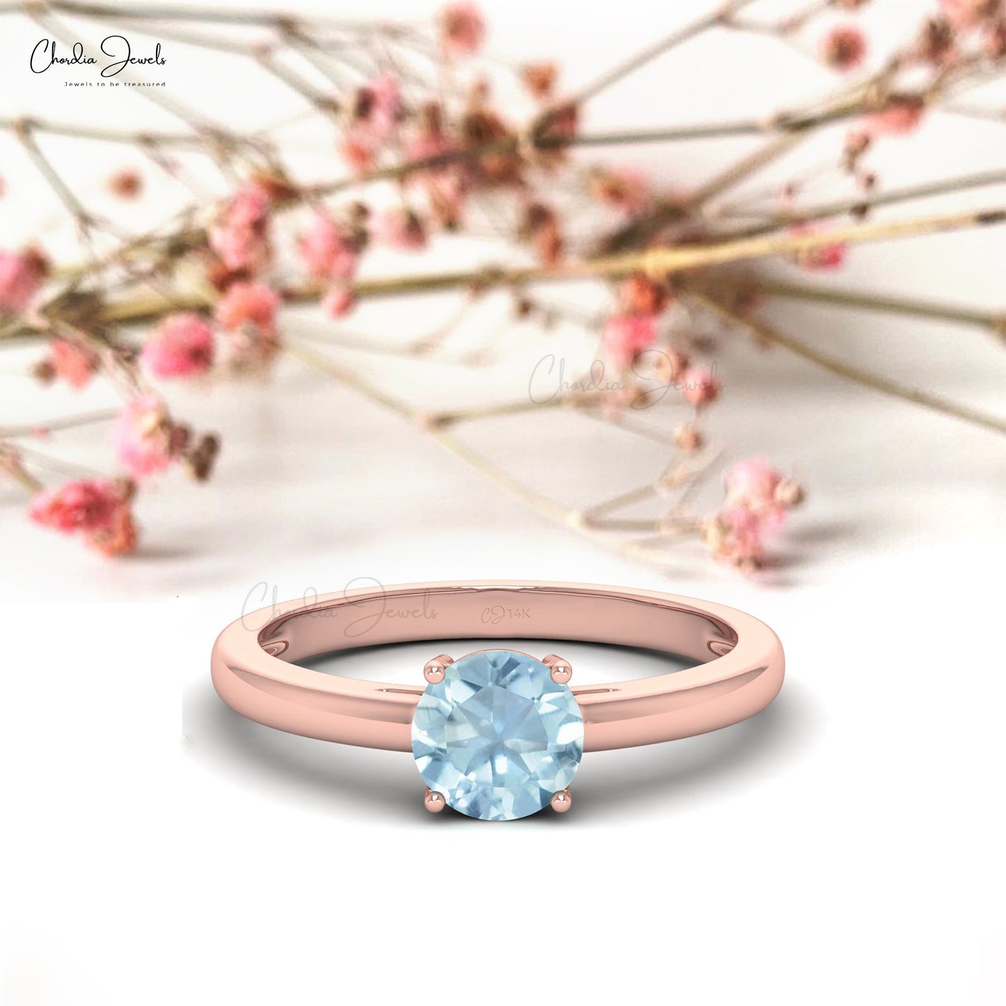 Genuine Round Cut Aquamarine 0.75Ct Solitaire Ring 14k Solid Gold Engagement Jewelry