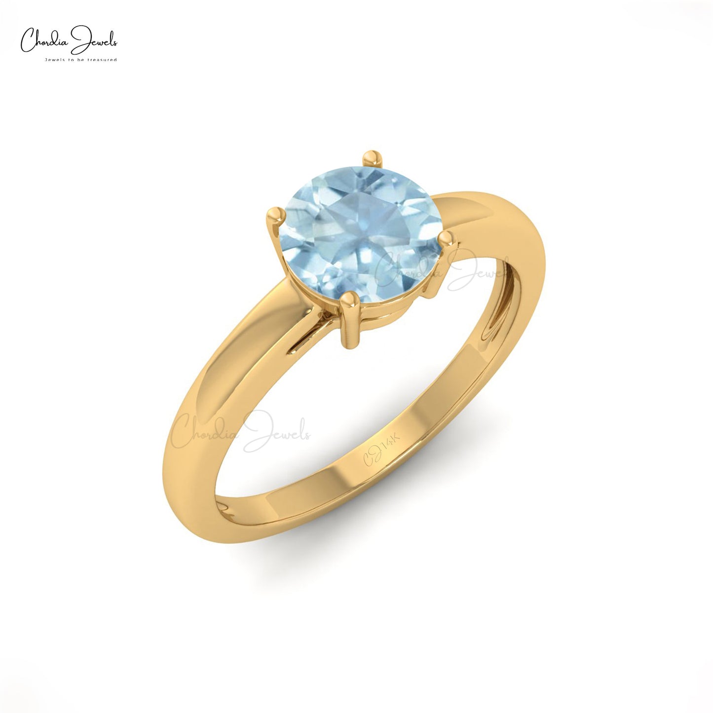 Genuine Round Cut Aquamarine 0.75Ct Solitaire Ring 14k Solid Gold Engagement Jewelry