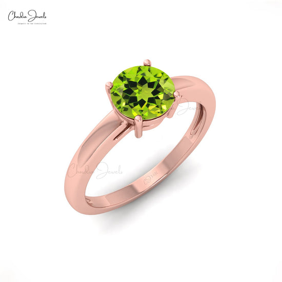 Genuine 6mm Round Cut Green Peridot Solitaire Ring, 14k Solid Gold Gemstone Dainty Ring For Birthday Gift