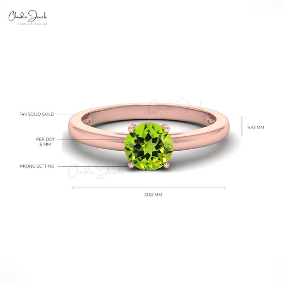 Genuine 6mm Round Cut Green Peridot Solitaire Ring, 14k Solid Gold Gemstone Dainty Ring For Birthday Gift