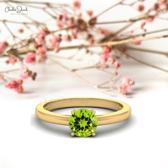 Genuine 6mm Round Cut Green Peridot Solitaire Ring, 14k Solid Gold Gemstone Dainty Ring For Birthday Gift