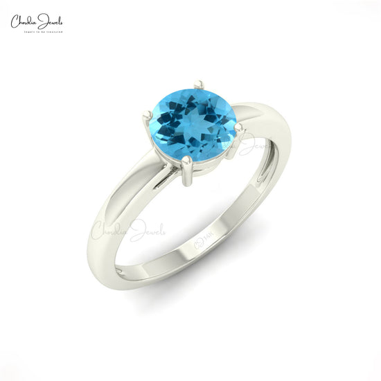 6mm Round Natural Swiss Blue Topaz Solitaire Ring Women in 14k Solid Gold, December Birthstone Gemstone Ring For Wedding Gift