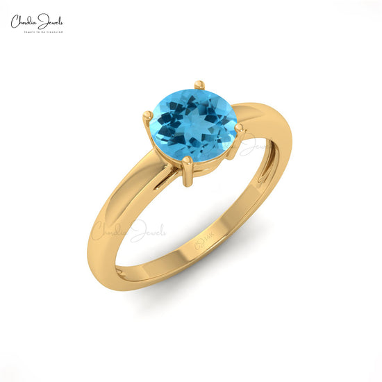 6mm Round Natural Swiss Blue Topaz Solitaire Ring Women in 14k Solid Gold, December Birthstone Gemstone Ring For Wedding Gift