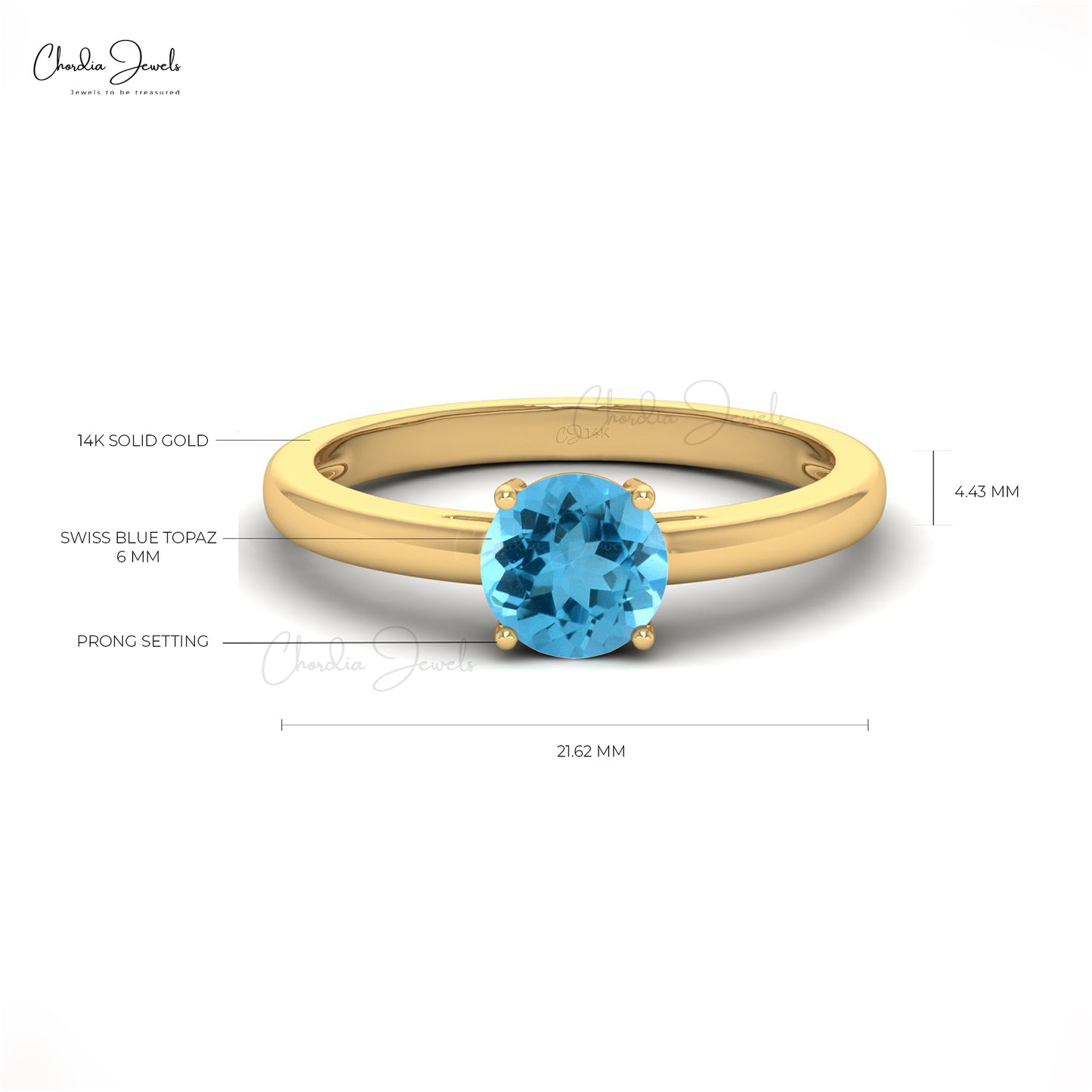 6mm Round Natural Swiss Blue Topaz Solitaire Ring Women in 14k Solid Gold, December Birthstone Gemstone Ring For Wedding Gift