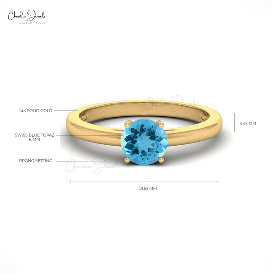 6mm Round Natural Swiss Blue Topaz Solitaire Ring Women in 14k Solid Gold, December Birthstone Gemstone Ring For Wedding Gift