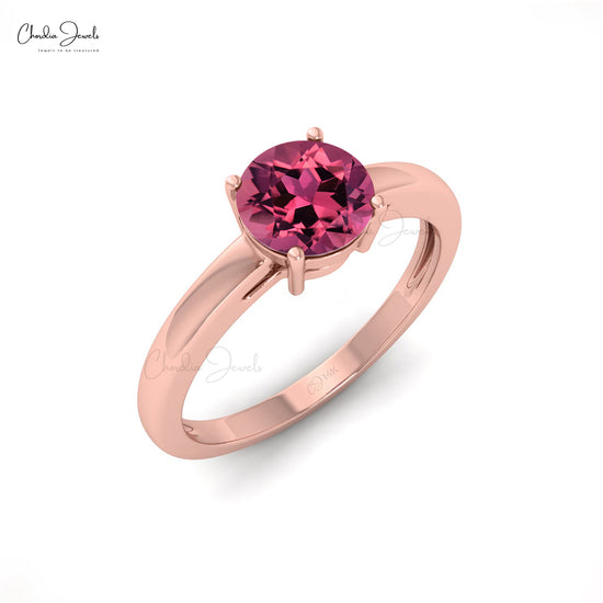 6mm Round Cut Natural Pink Tourmaline Solitaire Ring For Women, 14k Solid Gold Gemstone Ring For Anniversary Gift