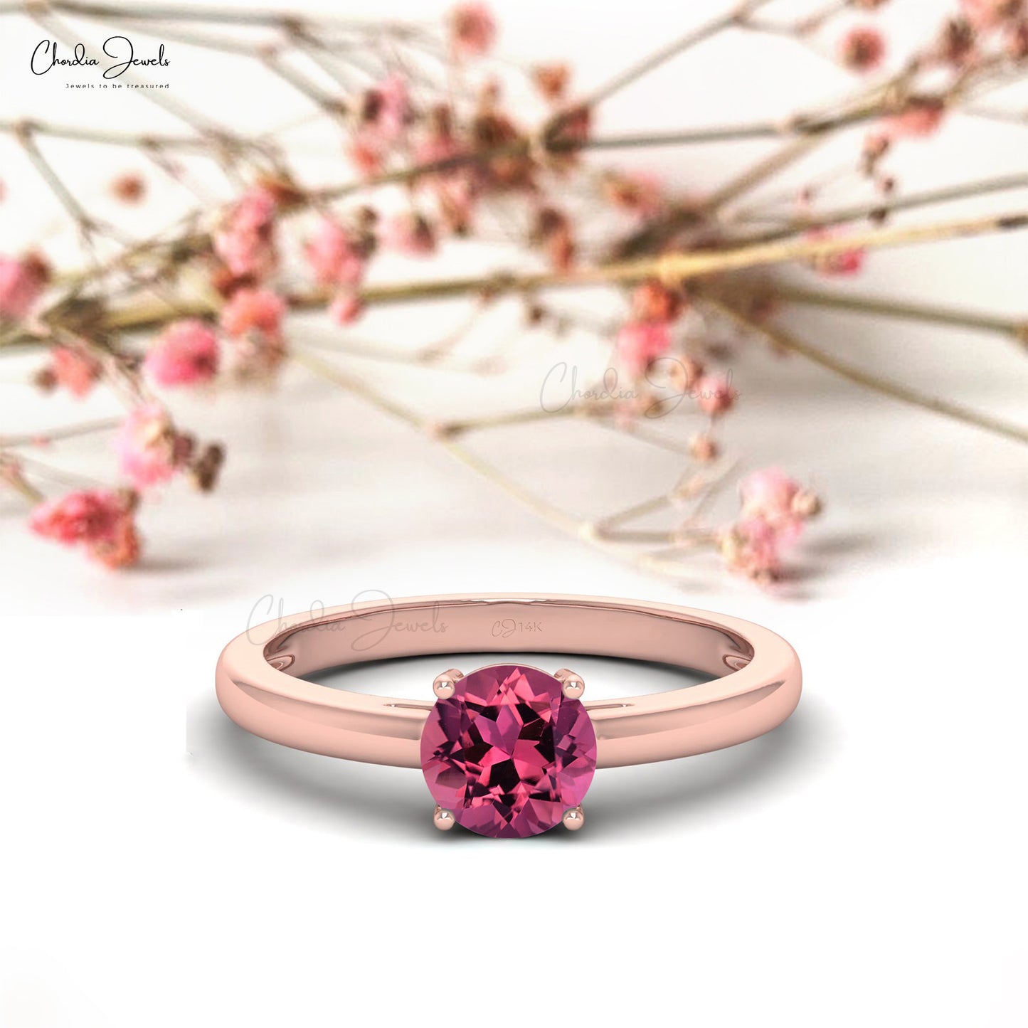 6mm Round Cut Natural Pink Tourmaline Solitaire Ring For Women, 14k Solid Gold Gemstone Ring For Anniversary Gift