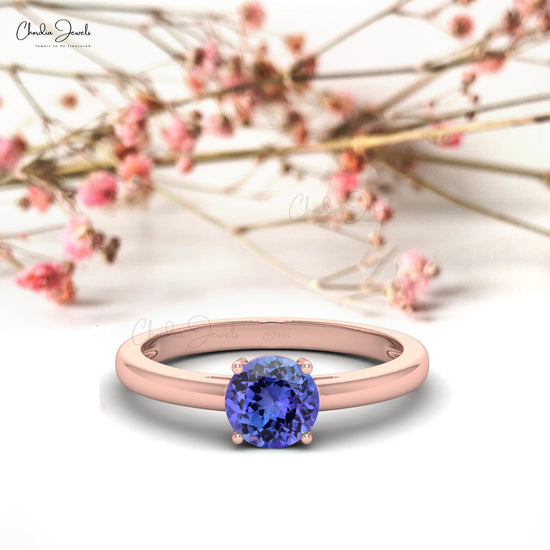 Solitaire Ring With 0.81ct Tanzanite Gemstone 14k Solid Gold Thin Band Elegant Birthstone Ring