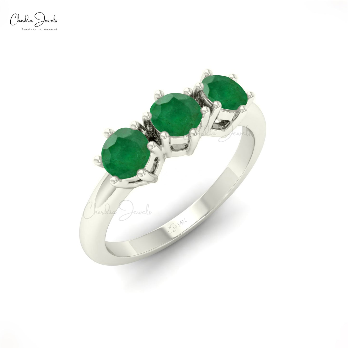 Modern Trilogy Ring In 14k Solid Gold Genuine Emerald Gemstone Prong Set Anniversary Ring