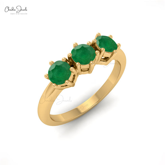 Modern Trilogy Ring In 14k Solid Gold Genuine Emerald Gemstone Prong Set Anniversary Ring