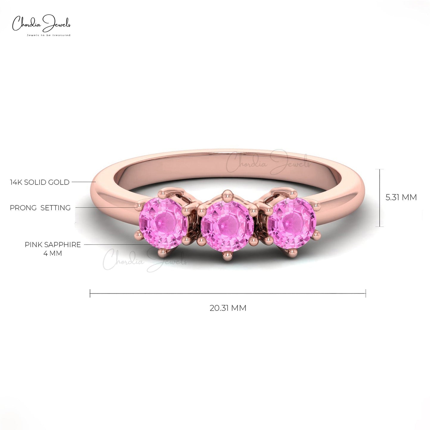 4MM Pink Sapphire Round Cut Three Stone Gemstone Ring