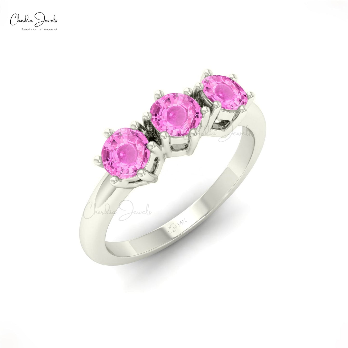 4MM Pink Sapphire Round Cut Three Stone Gemstone Ring