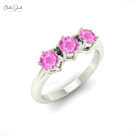 4MM Pink Sapphire Round Cut Three Stone Gemstone Ring