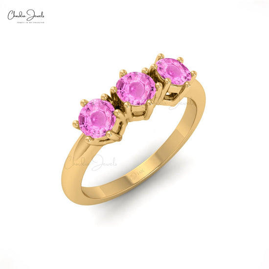 4MM Pink Sapphire Round Cut Three Stone Gemstone Ring
