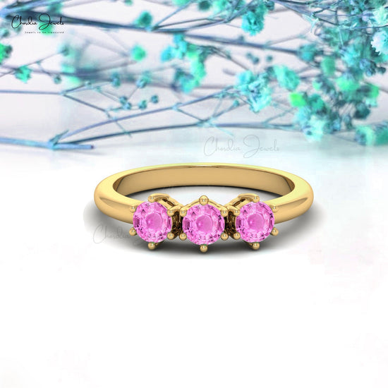 4MM Pink Sapphire Round Cut Three Stone Gemstone Ring
