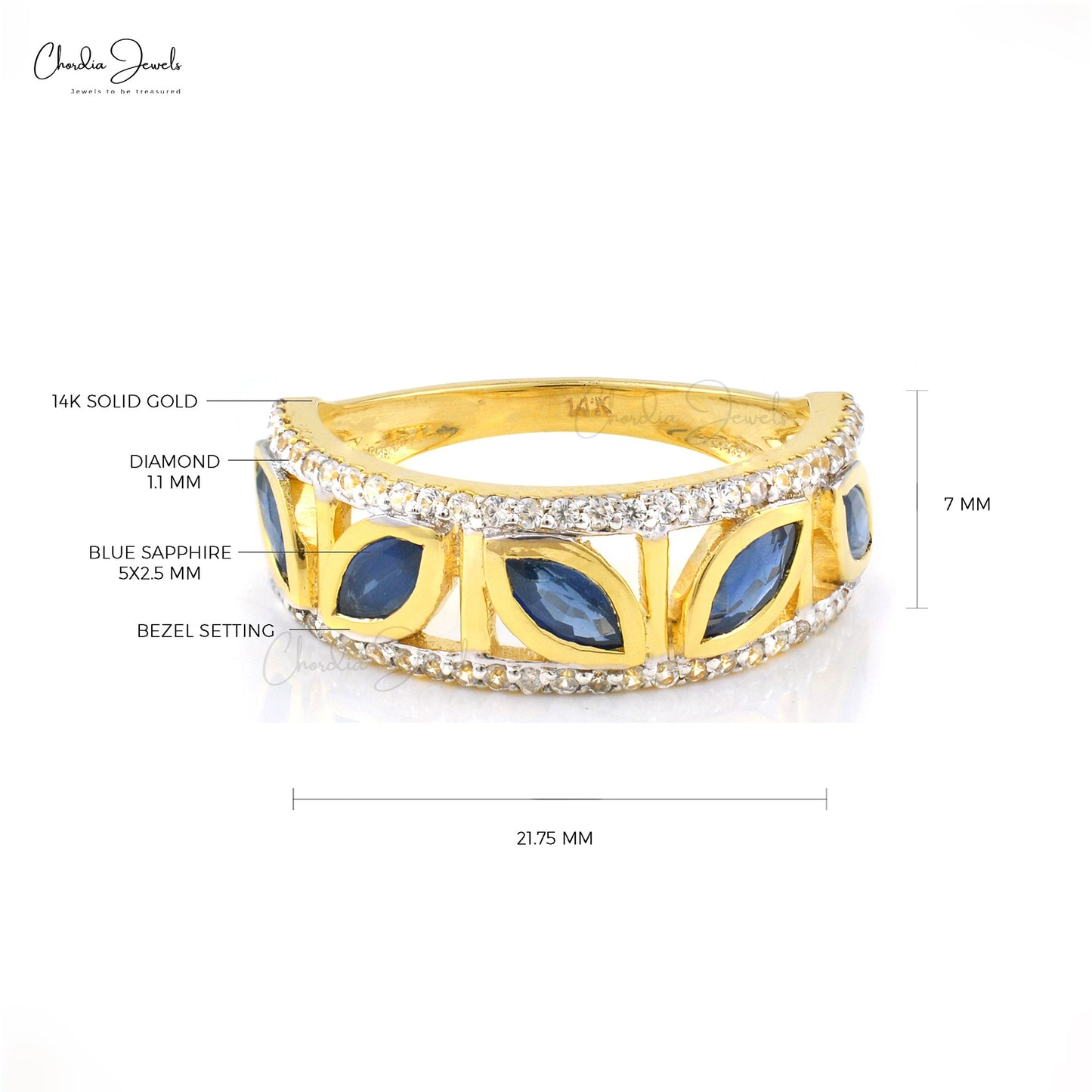 Art Deco Marquise Cut Ring with 0.2 Ct Blue Sapphire And Diamond Rings In 14k Yellow Gold