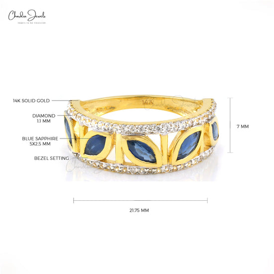 Art Deco Marquise Cut Ring with 0.2 Ct Blue Sapphire And Diamond Rings In 14k Yellow Gold