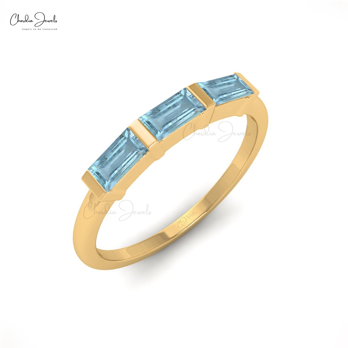 Baguette Cut 14K Gold Aquamarine Three Stone Ring For Anniversary Gift