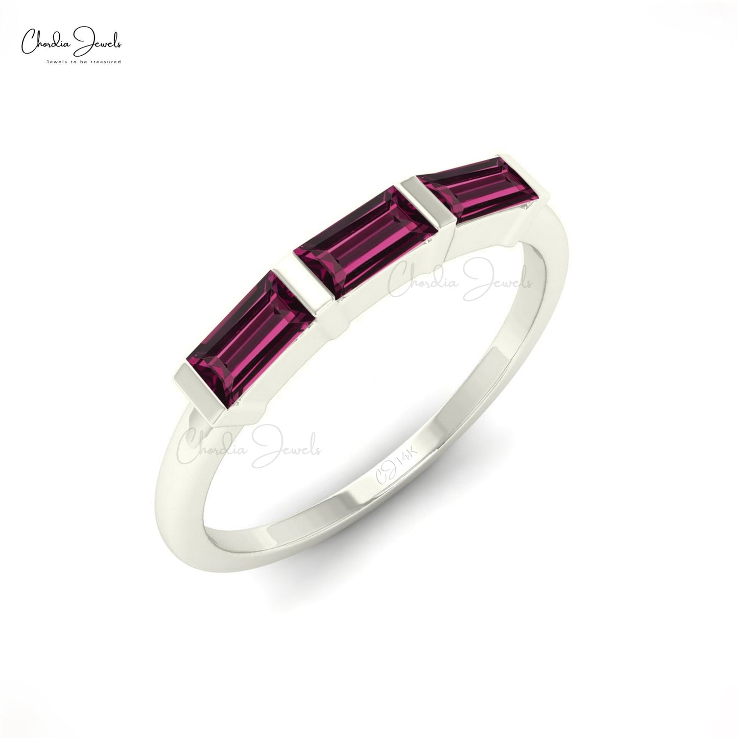 Vintage Inspired 14K Gold Baguette Cut Rhodolite Garnet Three Stone Ring for Women