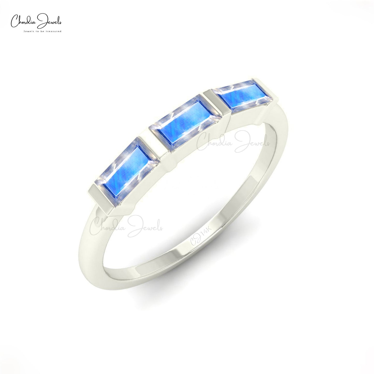 Load image into Gallery viewer, Rainbow Moonstone Baguette Cut Three Stone Ring In 14K Gold For Woman
