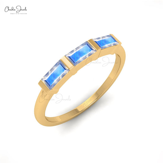 Rainbow Moonstone Baguette Cut Three Stone Ring In 14K Gold For Woman