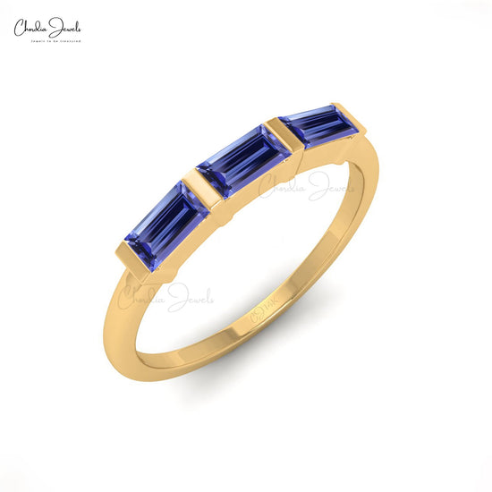 Three-Stone Ring With Tanzanite Gemstone Real 14k Gold Half Channel Set Light Weight Ring