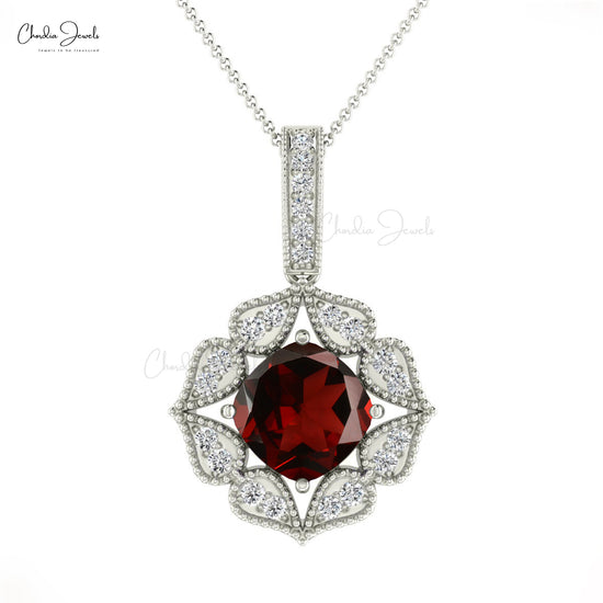 New Design Natural White Diamond Art Deco Pendant Necklace Cushion Shape Red Garnet Snowflake Pendant 14k Solid Gold Jewelry For Women